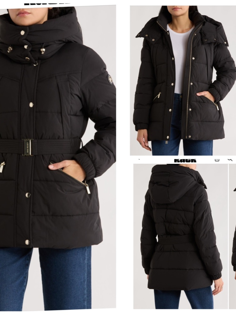 Michael Kors Belted Channel Quilted Hooded Puffer Coat Black XL